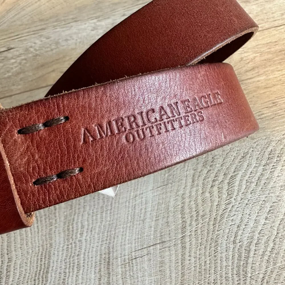 American Eagle Vintage Y2K Brown Leather Belt Silver Logo 32